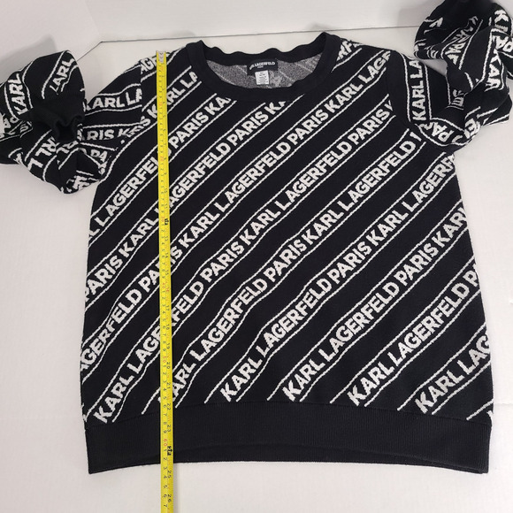 KARL LAGERFELD Diagonal Logo Sweater Medium Black White Crew Neck Bishop Sleeve - Picture 12 of 12